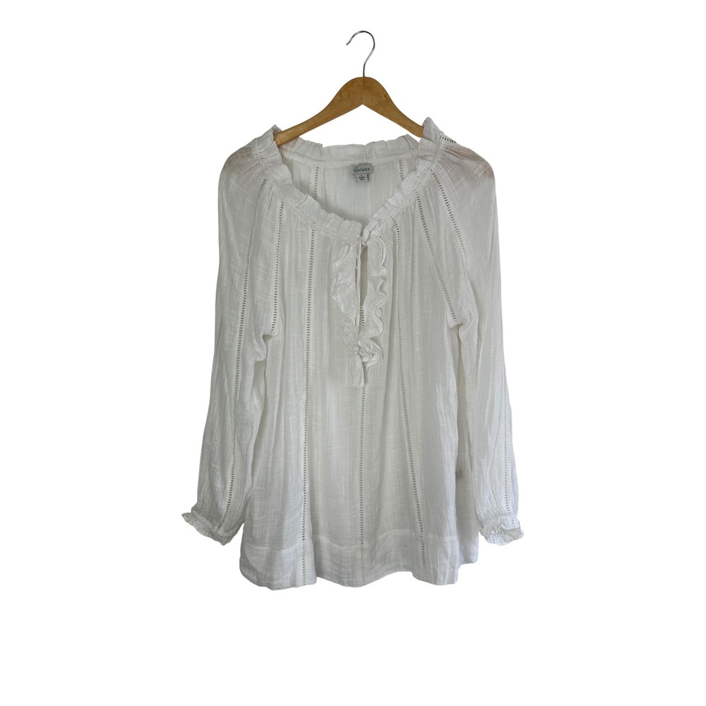 Sundance White Tunic Blouse Womens Large Ruffles Eyelet Semi Sheer Cotton Blend